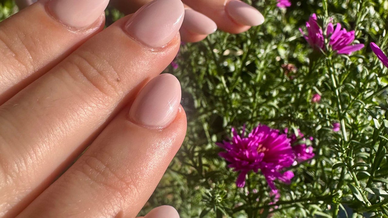 Nude amandelvormige nagels naast paarse asters